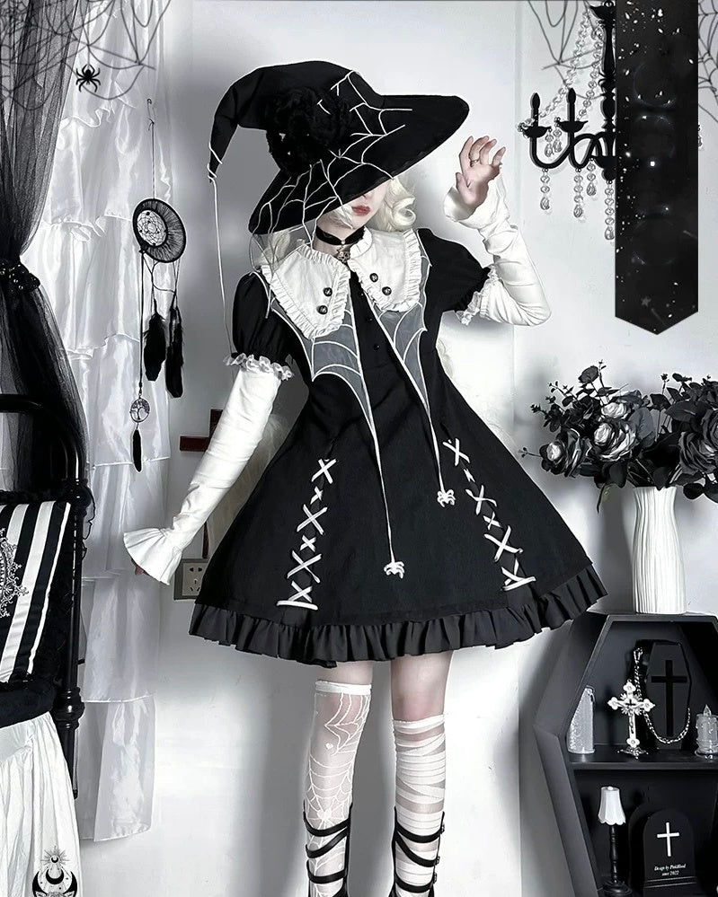 Gothic Lolita Black Spider Witch Costume with Witch Hat Dress for Halloween