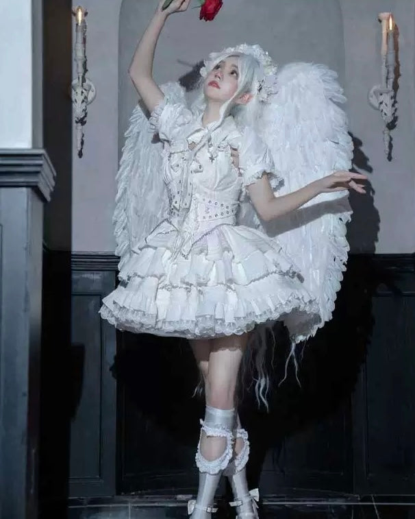Gothic Lolita Black White Cross Ruffles Lace Outfit Jumper Skirt Hot Girl