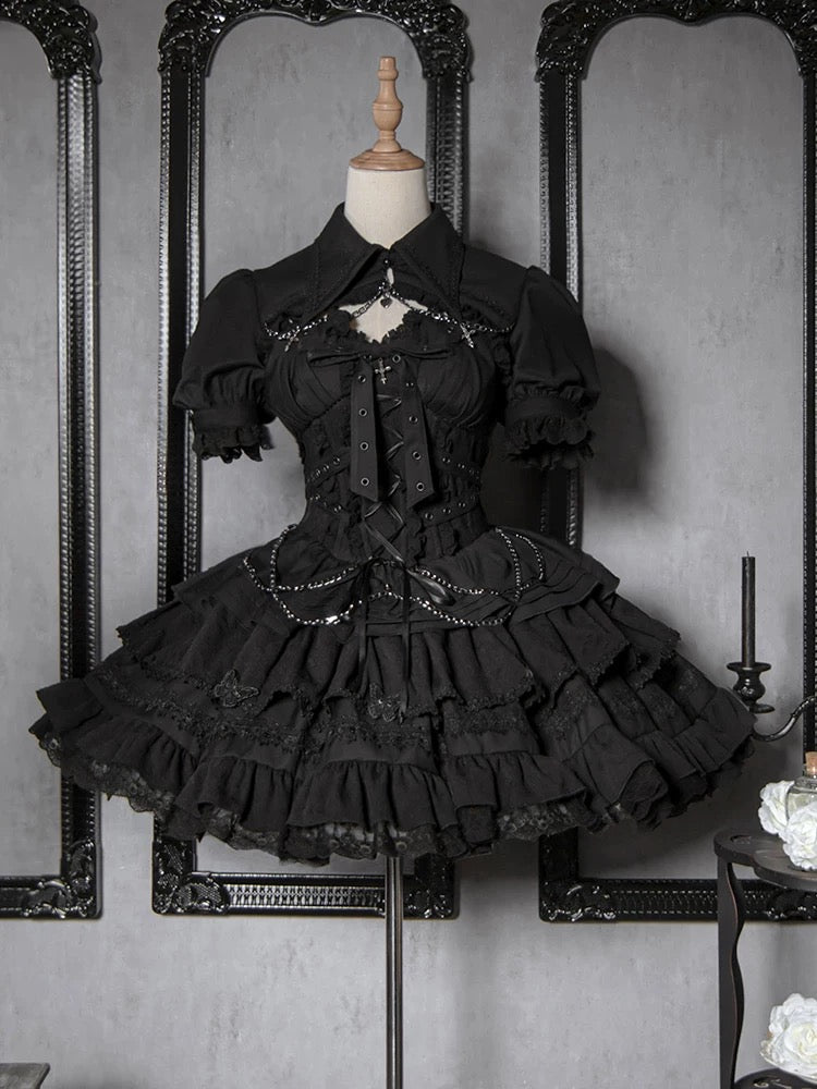 Gothic Lolita Black White Cross Ruffles Lace Outfit Jumper Skirt Hot Girl