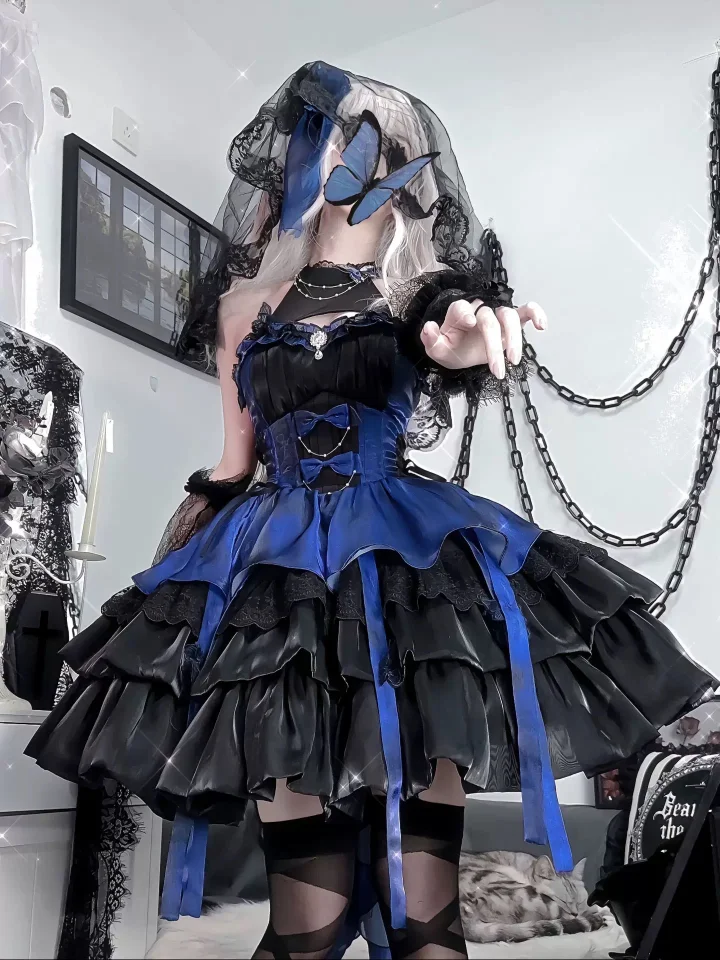 Gothic Lolita Black-blue Princess Dress Ruffles Butterfly Prom Dress Party Costume