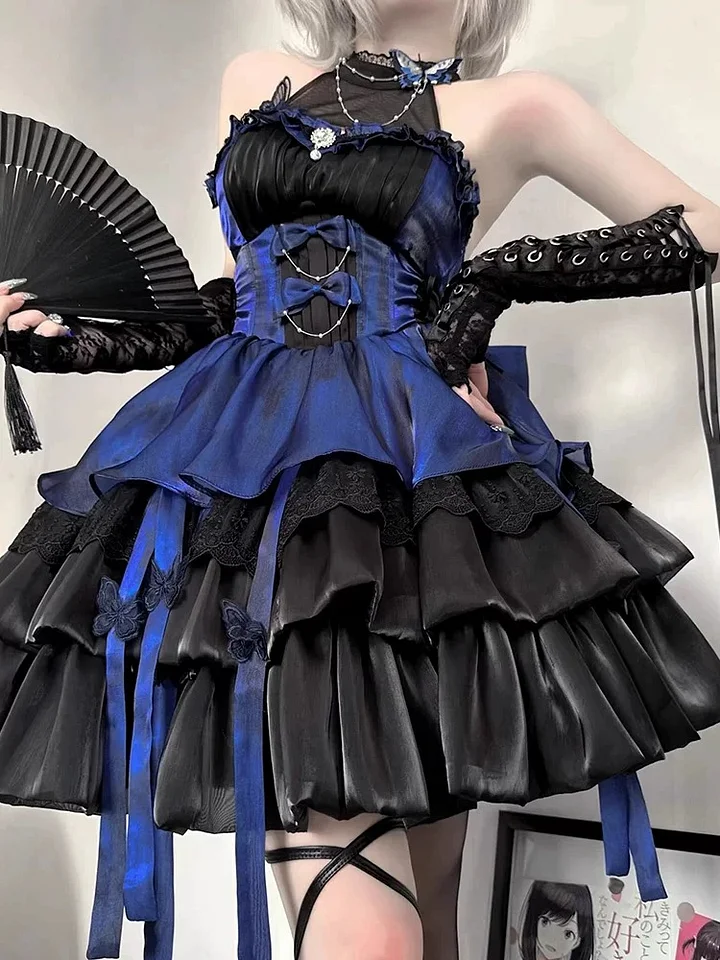 Gothic Lolita Black-blue Princess Dress Ruffles Butterfly Prom Dress Party Costume