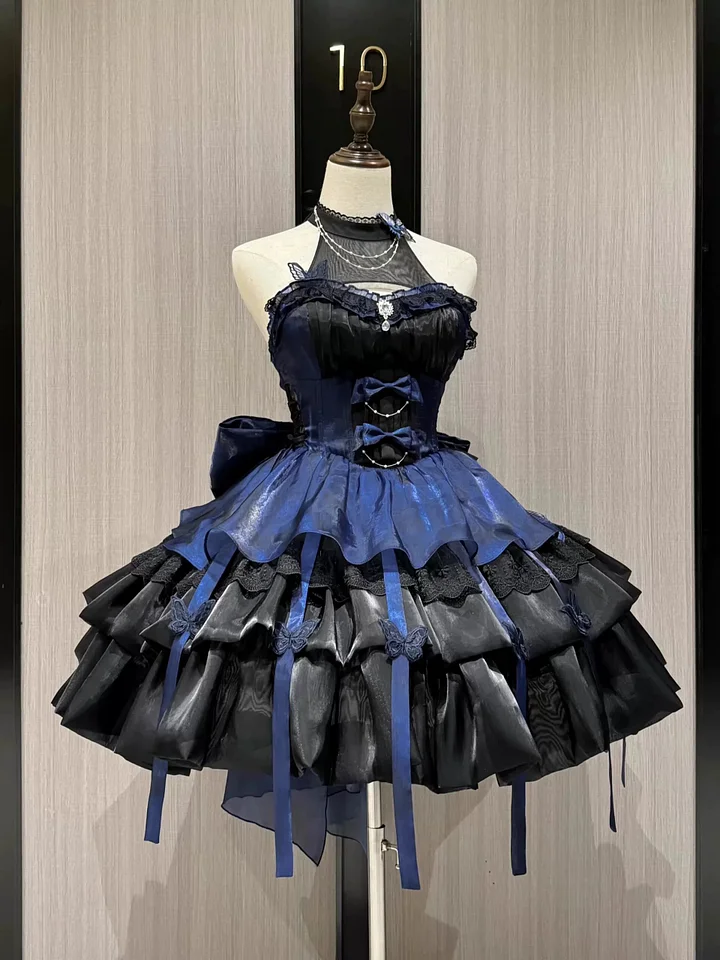 Gothic Lolita Black-blue Princess Dress Ruffles Butterfly Prom Dress Party Costume
