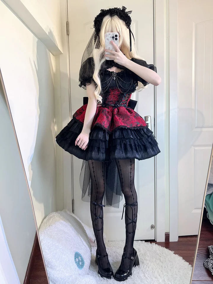 Gothic Lolita Dark Pink Blue Strap Cake Dress Ruffles Jumper Skirt Ball Gown Jacquard
