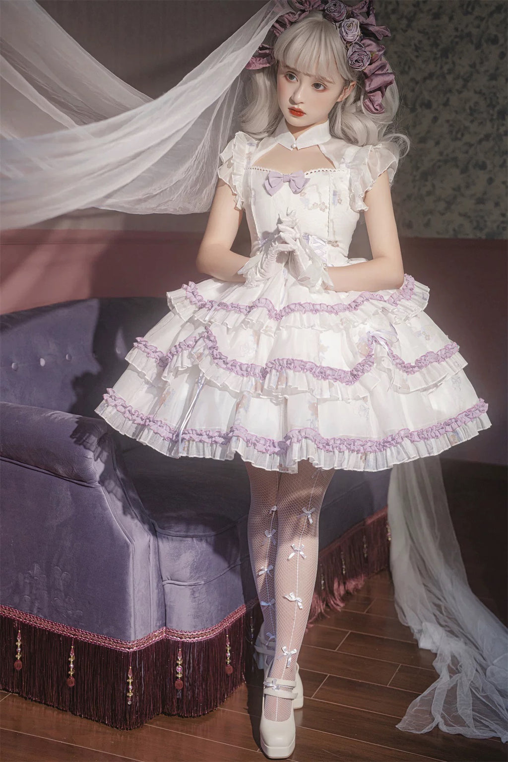 Gothic Lolita Fashion Purple White Ruffle Lace with Bow Cake Dress Princess