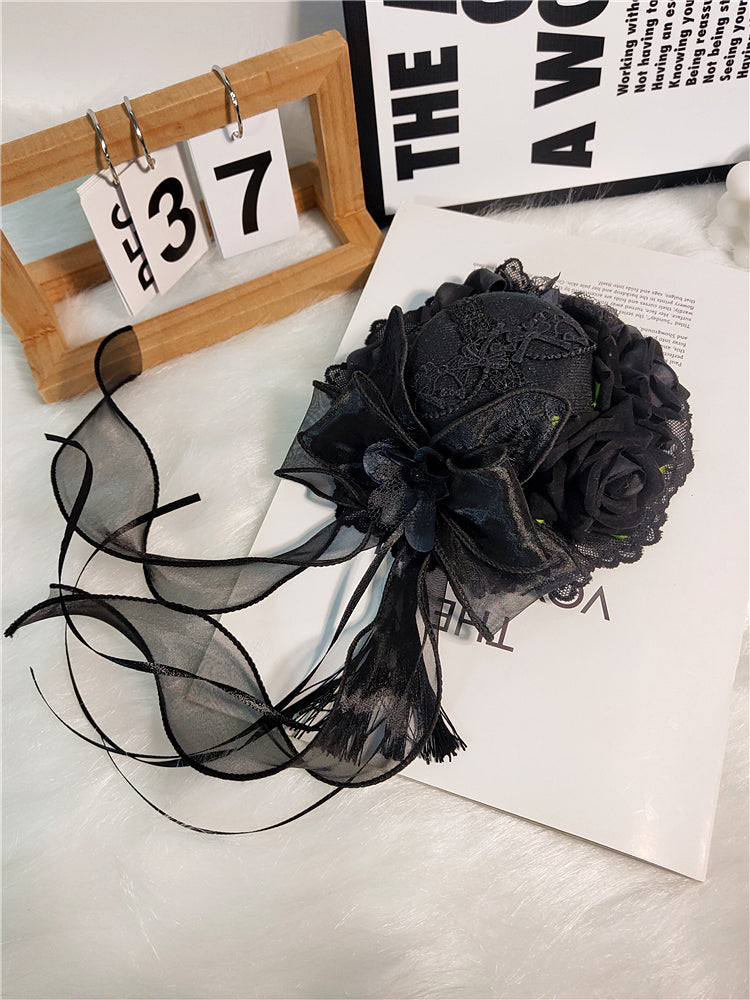 Lolita Hair Accessories Gothic Mini Hat Decor Handmade Dark Rose Fringed Ribbon Accessories