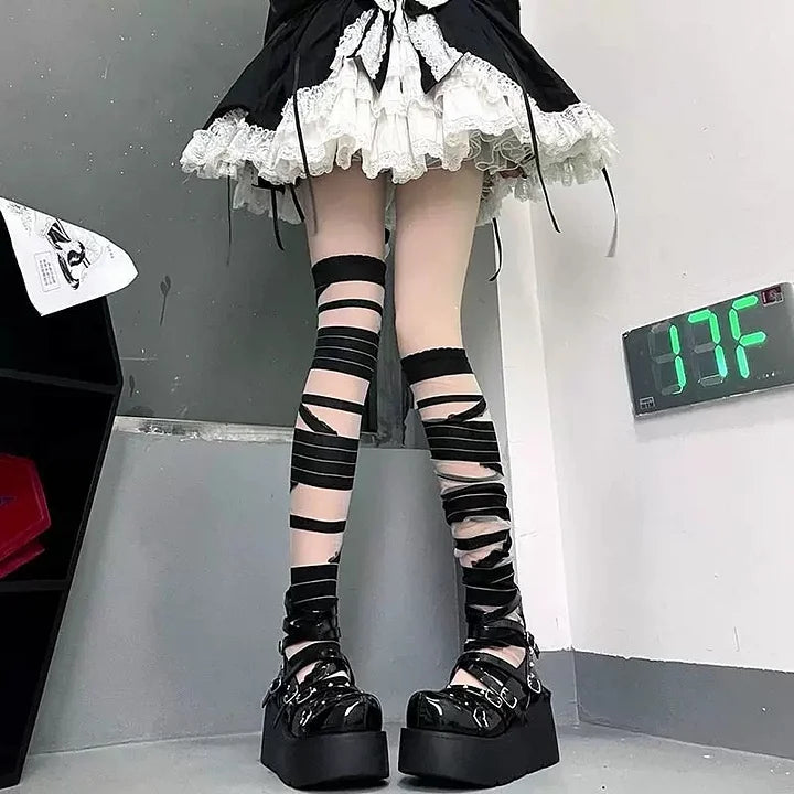 Gothic Lolita Stockings Y2K Cross Bandage Tights Hot Girls Socks Lolita Accessories