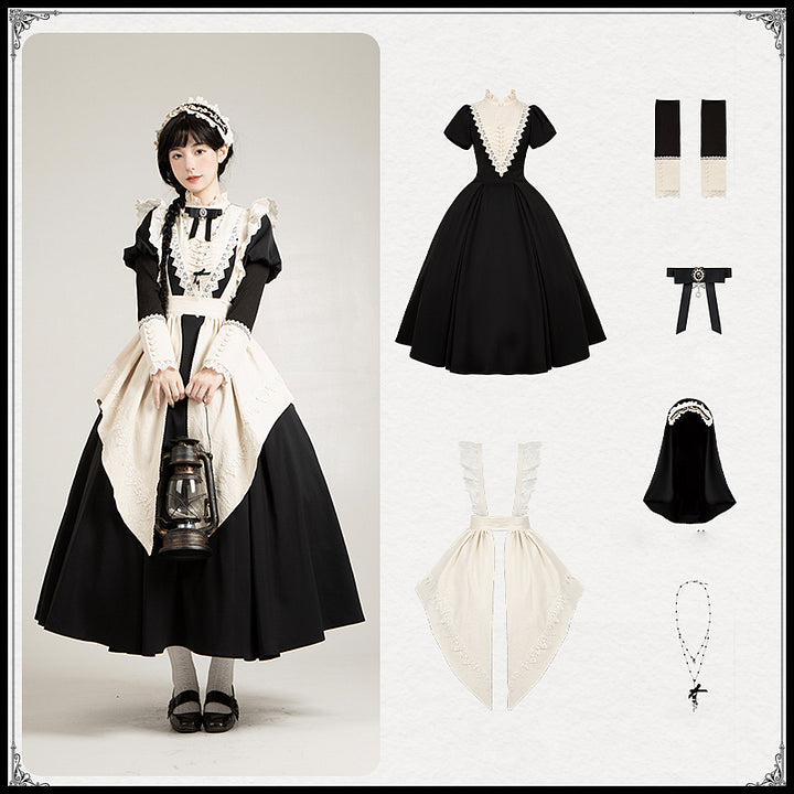 Gothic Nun Black Long Short Op Sleeve Apron Lolita Dresses