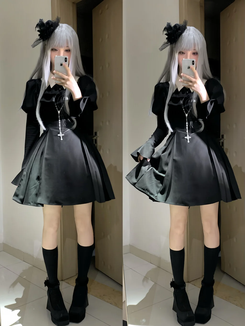 Gothic Nun Lolita Fishbone Waist Thin Dress Short Skirt Long Dress Black OP