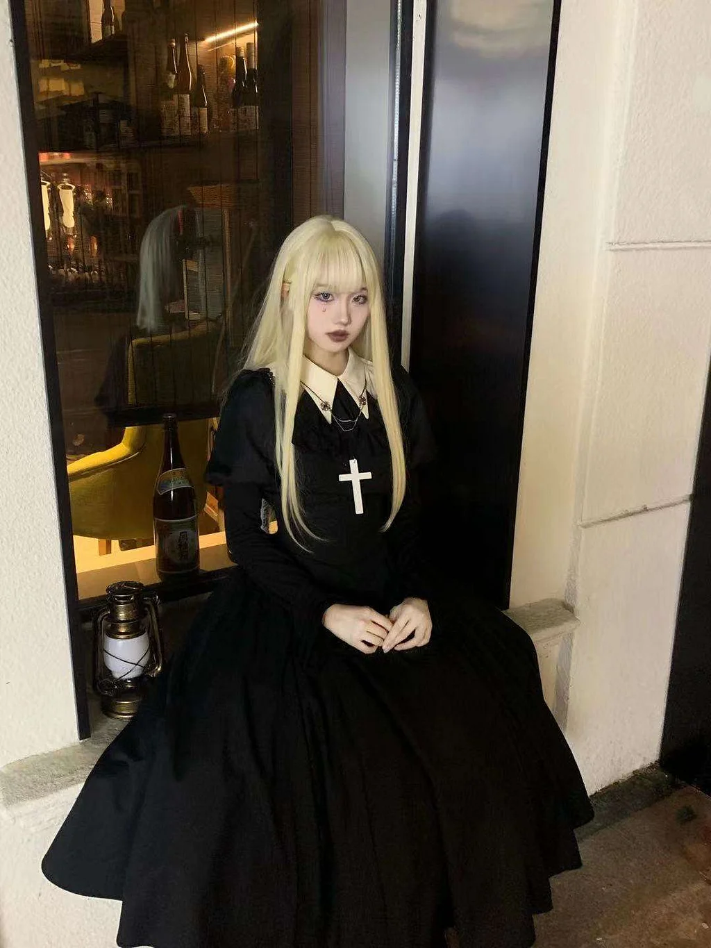 Gothic Nun Lolita Fishbone Waist Thin Dress Short Skirt Long Dress Black OP