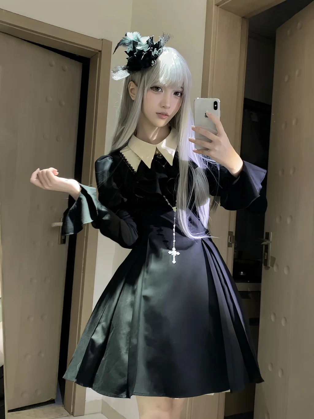 Gothic Nun Lolita Fishbone Waist Thin Dress Short Skirt Long Dress Black OP