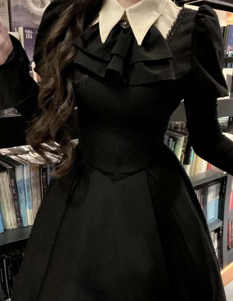 Gothic Nun Lolita Fishbone Waist Thin Dress Short Skirt Long Dress Black OP