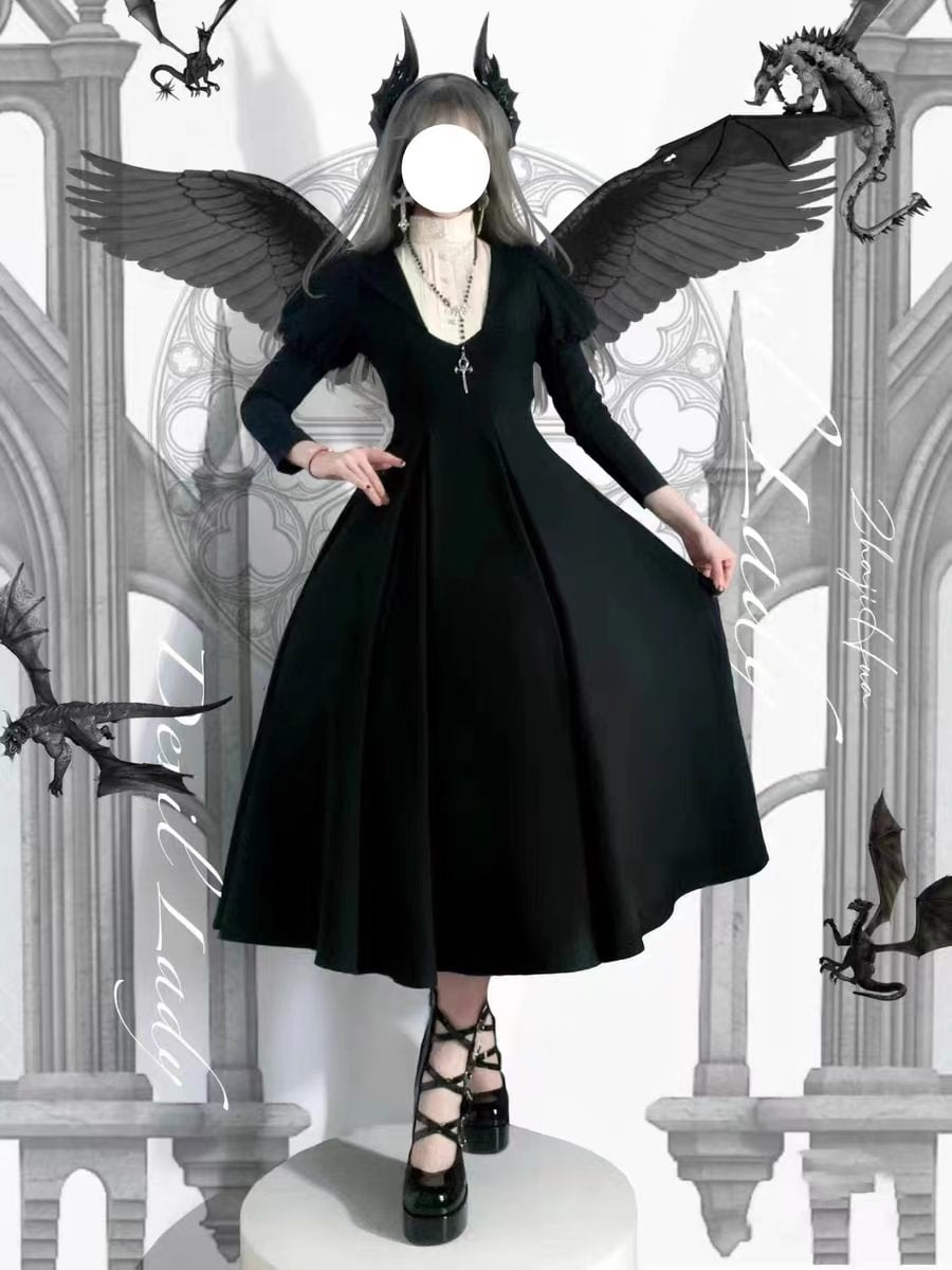 Gothic Nun Style Dark Lolita Dress Plus Size Long Sleeve Bubble Sleeve Autumn and Winter Halloween
