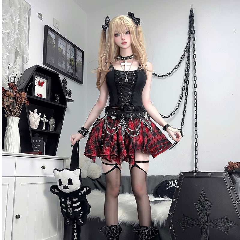 Gothic Punk Lolita Dress Black Set Corset Top with Red Plaid Asymmetric Skirt Chain