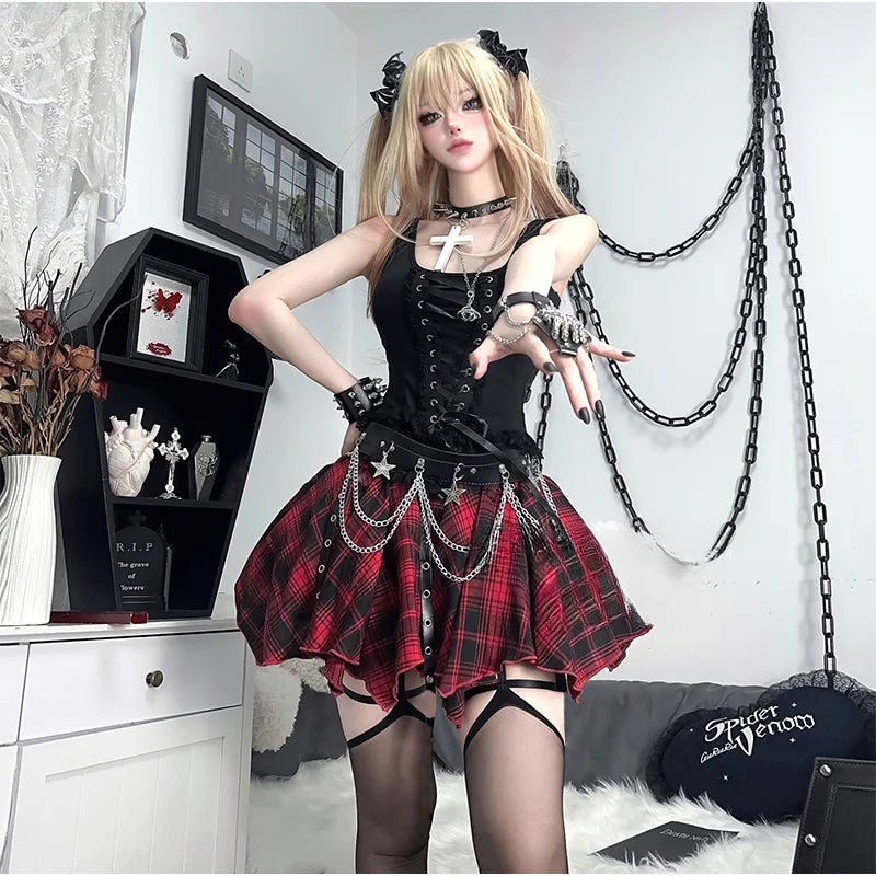 Gothic Punk Lolita Dress Black Set Corset Top with Red Plaid Asymmetric Skirt Chain