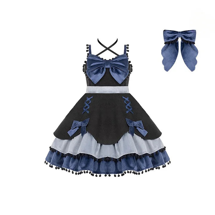 Gothic Sweet Autumn and Winter Woolen Layer Dress with A Bow Jsk