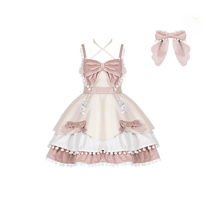 Gothic Sweet Autumn and Winter Woolen Layer Dress with A Bow Jsk