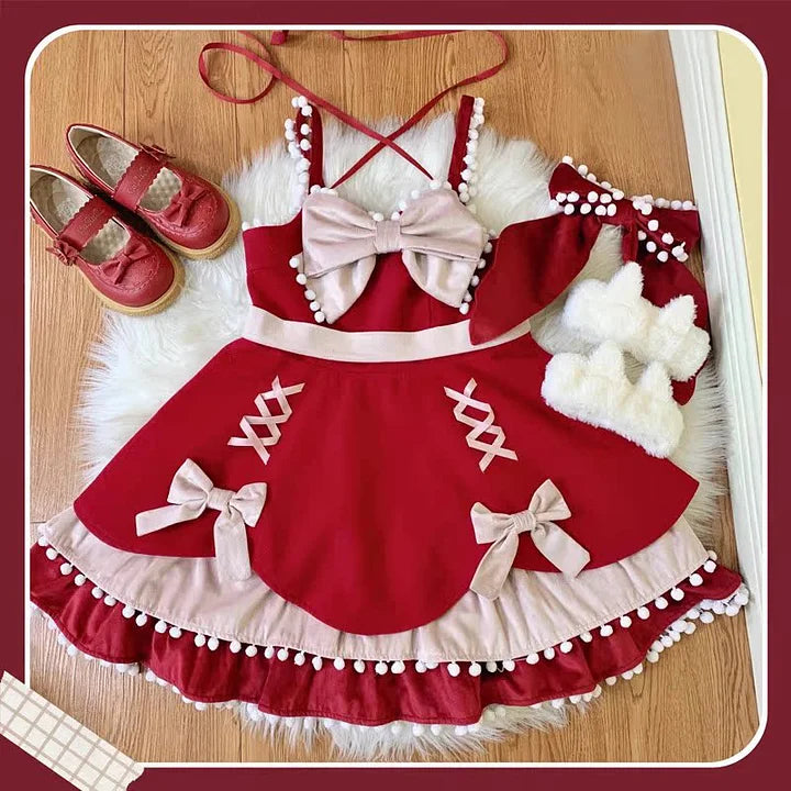 Gothic Sweet Autumn and Winter Woolen Layer Dress with A Bow Jsk