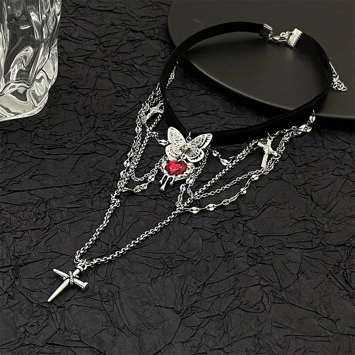 Gothic Sweetheart Lolita Necklace Metal Chain Butterfly Cross Girls Choker