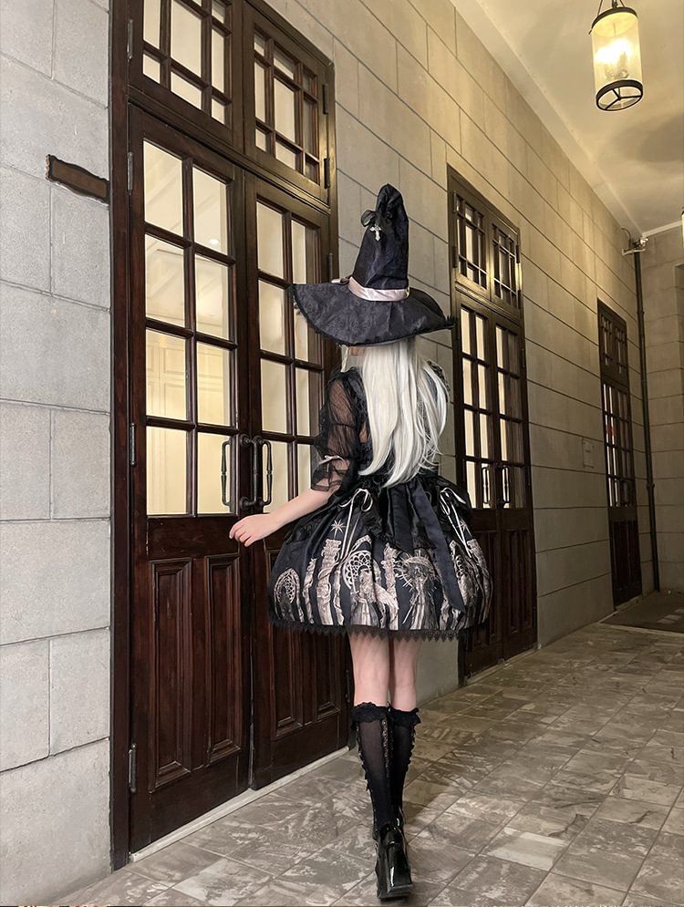 Gothic Vintage Halloween Slip Dress Black Print Lolita Elegant Dress Jumper Skirt