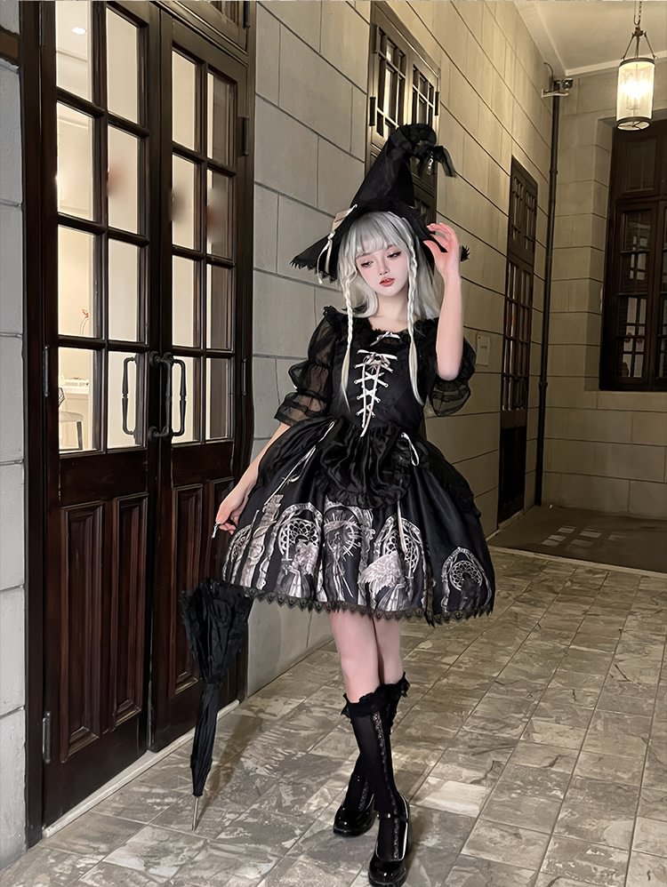Gothic Vintage Halloween Slip Dress Black Print Lolita Elegant Dress Jumper Skirt