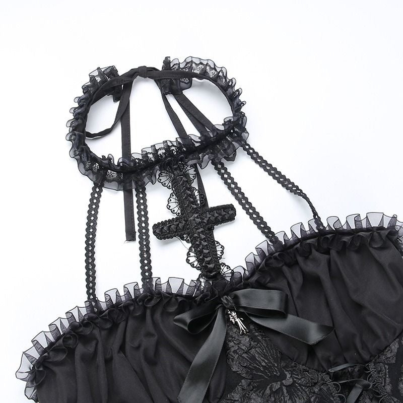 Gothic Lolita Black Lace Halter-neck Tie Dress Fashion Romance Outfit Jumper Skirt