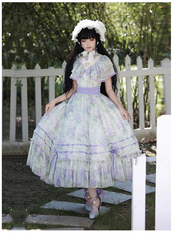 Green Purple Elegant Chiffon Dress Short Sleeve Pastoral Sweet Lolita Dress