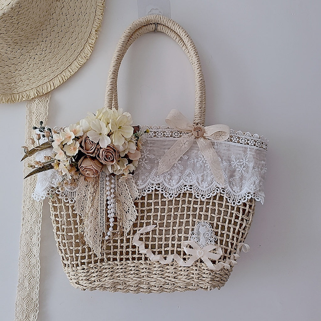 Handmade Hollow Lace Vintage Rose Flowers Straw Bag Summer Handbag Lolita Pastoral