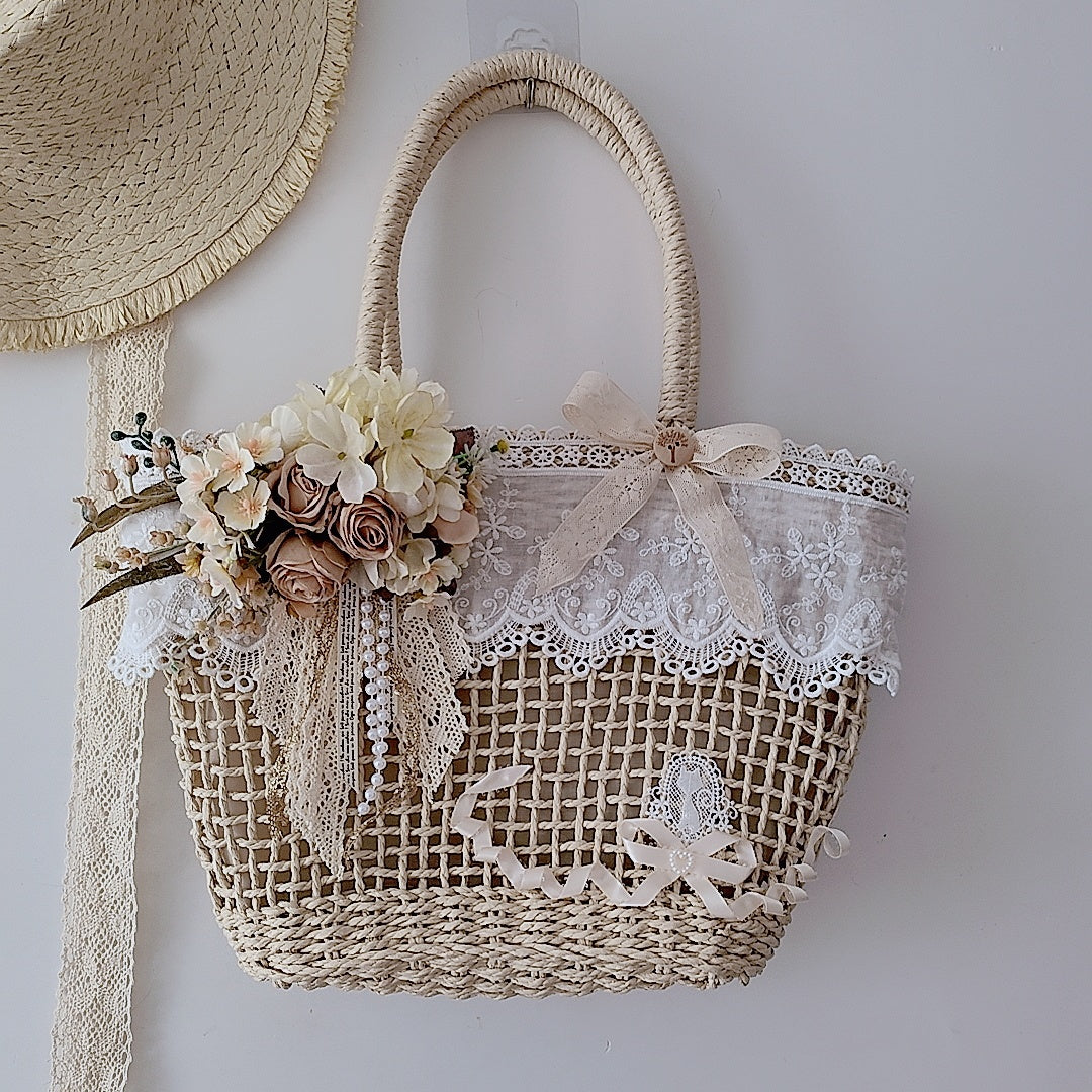 Handmade Hollow Lace Vintage Rose Flowers Straw Bag Summer Handbag Lolita Pastoral