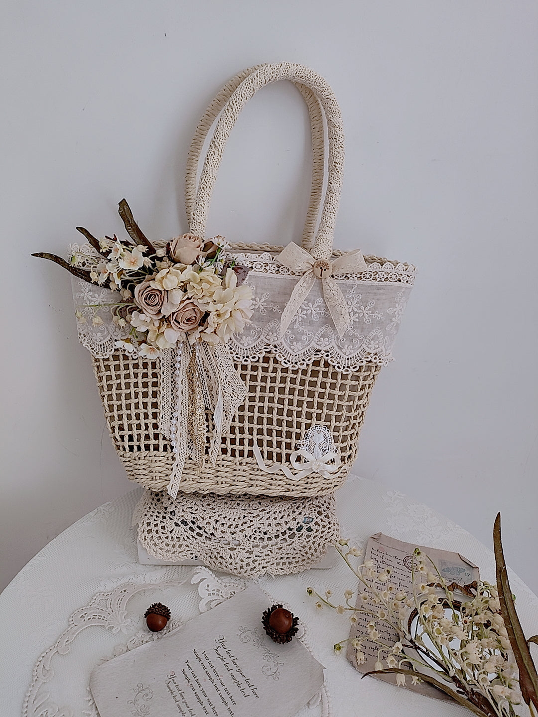 Handmade Hollow Lace Vintage Rose Flowers Straw Bag Summer Handbag Lolita Pastoral