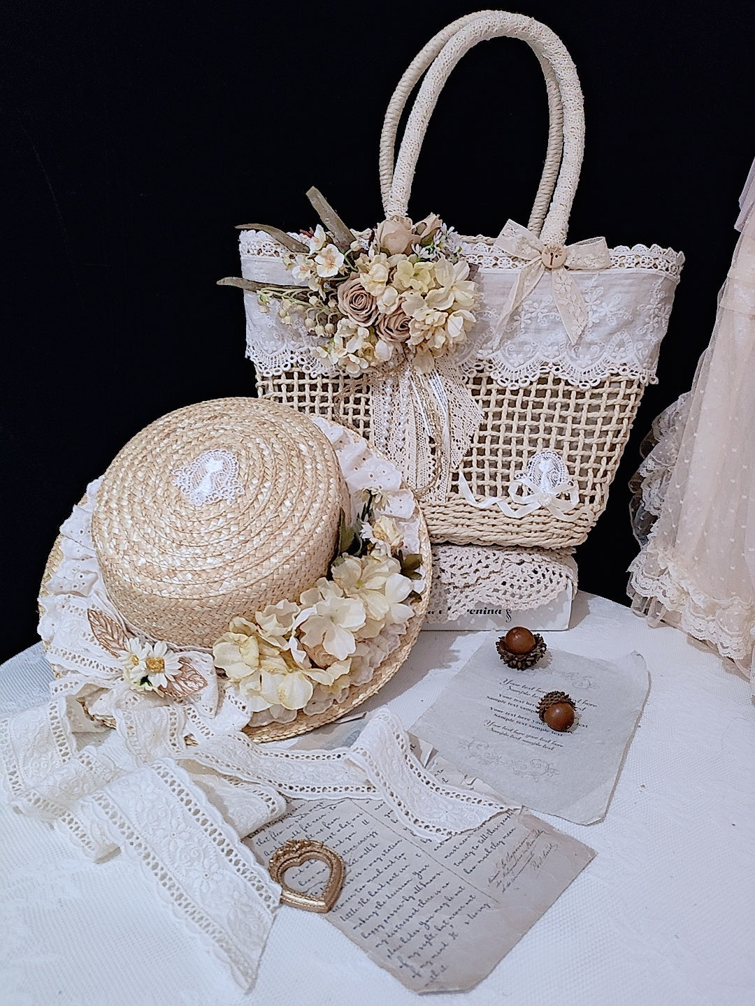 Handmade Hollow Lace Vintage Rose Flowers Straw Bag Summer Handbag Lolita Pastoral