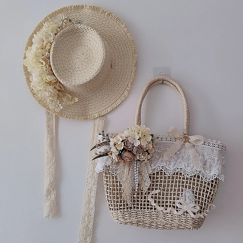Handmade Hollow Lace Vintage Rose Flowers Straw Bag Summer Handbag Lolita Pastoral
