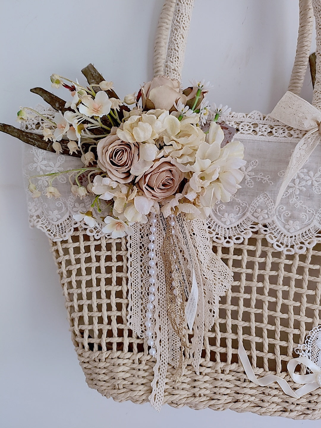 Handmade Hollow Lace Vintage Rose Flowers Straw Bag Summer Handbag Lolita Pastoral