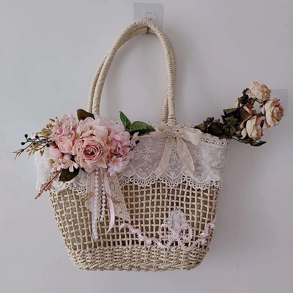 Handmade Hollow Lace Vintage Rose Flowers Straw Bag Summer Handbag Lolita Pastoral