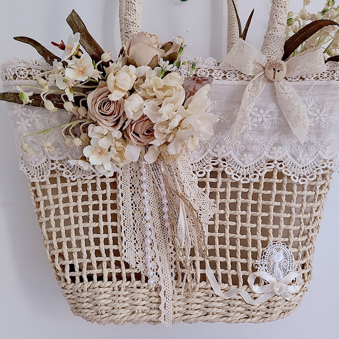 Handmade Hollow Lace Vintage Rose Flowers Straw Bag Summer Handbag Lolita Pastoral
