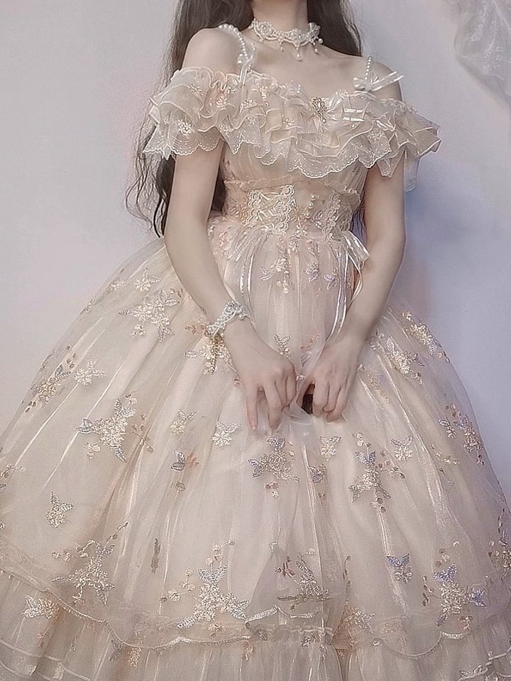 Hime Lolita Apricot Lace Flowers Elegant Bridal Wedding Rococo Ball Gown Long Dress