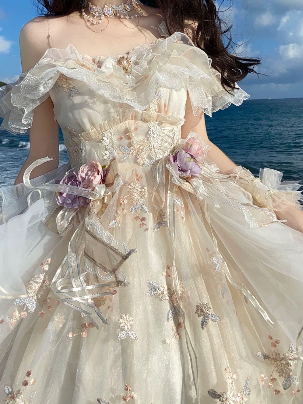 Hime Lolita Apricot Lace Flowers Elegant Bridal Wedding Rococo Ball Gown Long Dress
