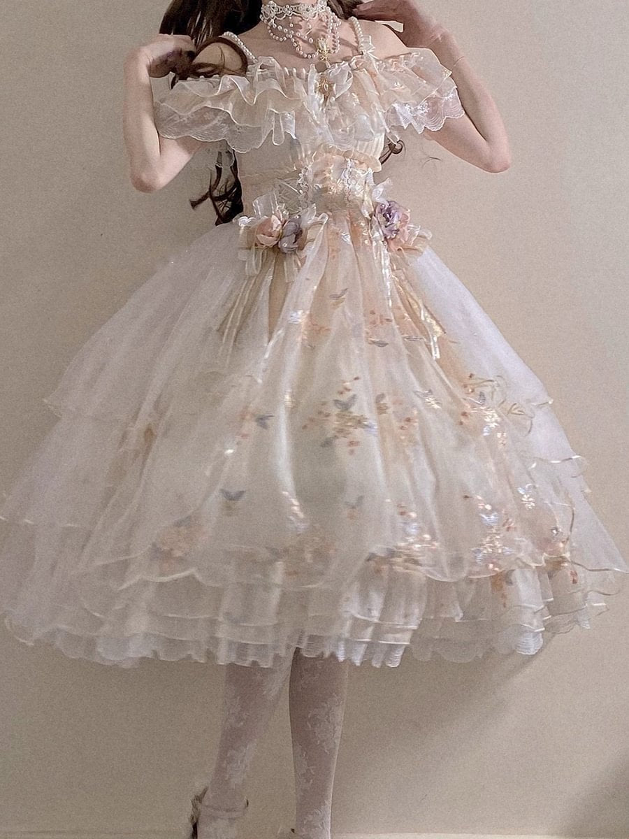 Hime Lolita Apricot Lace Flowers Elegant Bridal Wedding Rococo Ball Gown Long Dress