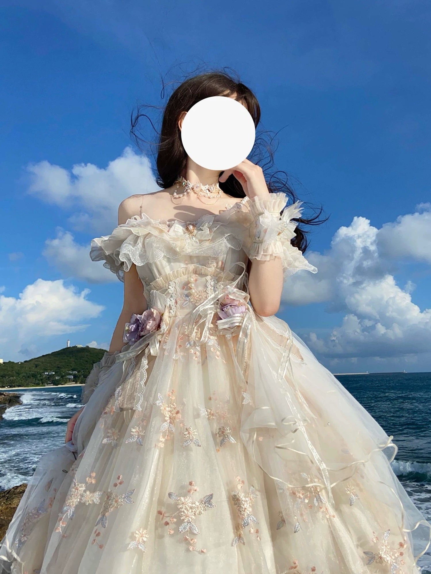 Hime Lolita Apricot Lace Flowers Elegant Bridal Wedding Rococo Ball Gown Long Dress