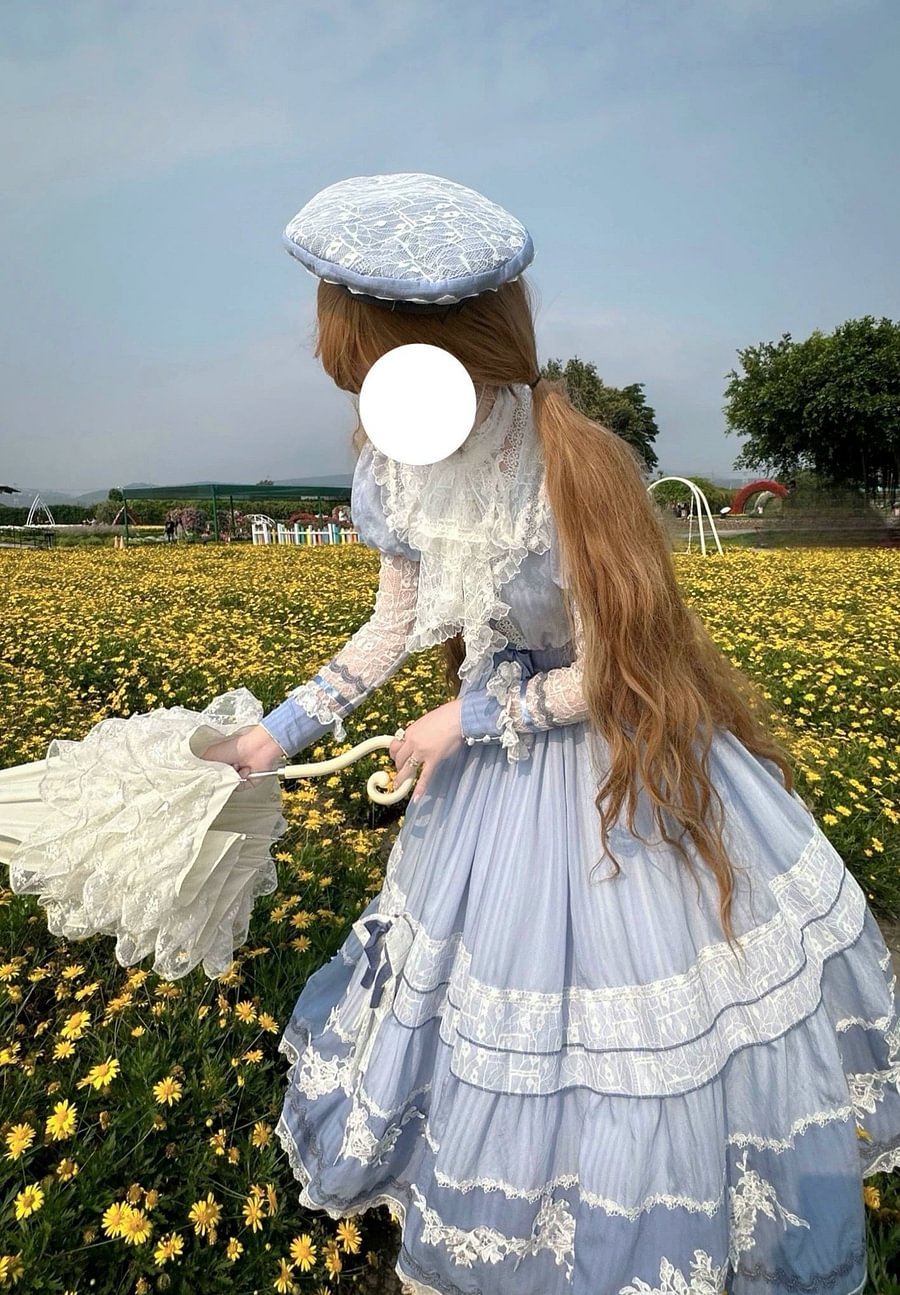 Hime Lolita Blue Short Sleeve Lace Neck Lolita Dress OP Daily Party Lolita Voyage