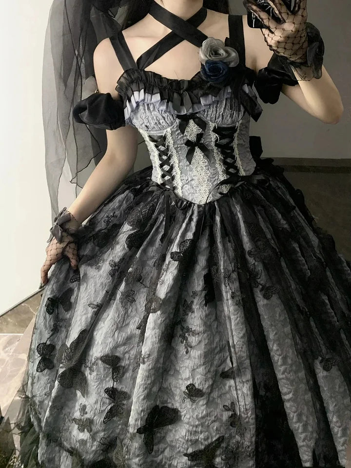 Hime Lolita Blue-pink Rose Exquisite Jacquard Lolita Dress Elegant and Gorgeous Prom Maxi Dress for Women Graduation Ceremony