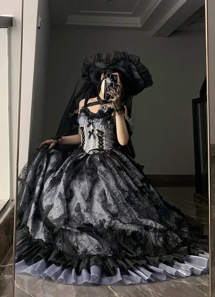 Hime Lolita Blue-pink Rose Exquisite Jacquard Lolita Dress Elegant and Gorgeous Prom Maxi Dress for Women Graduation Ceremony