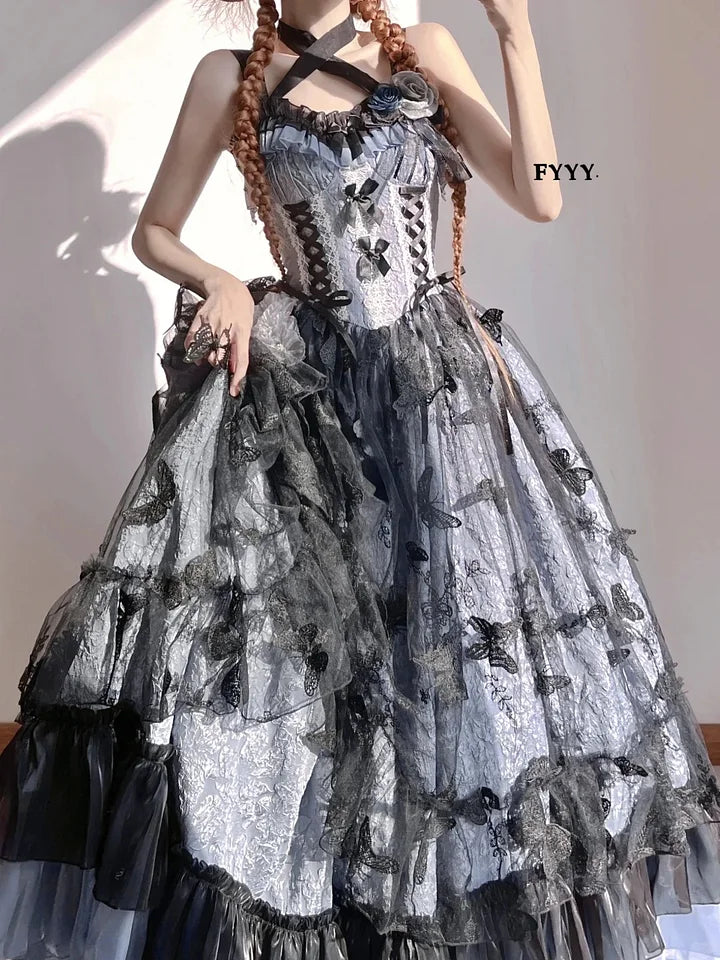 Hime Lolita Blue-pink Rose Exquisite Jacquard Lolita Dress Elegant and Gorgeous Prom Maxi Dress for Women Graduation Ceremony