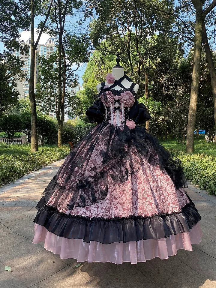 Hime Lolita Blue-pink Rose Exquisite Jacquard Lolita Dress Elegant and Gorgeous Prom Maxi Dress for Women Graduation Ceremony