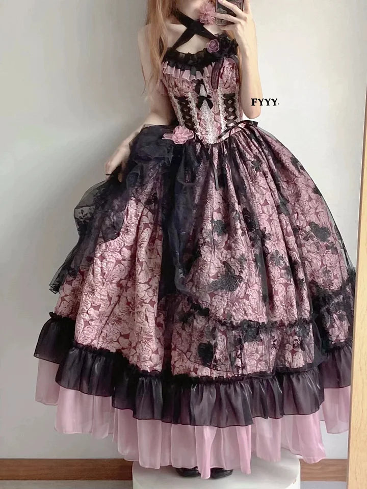 Hime Lolita Blue-pink Rose Exquisite Jacquard Lolita Dress Elegant and Gorgeous Prom Maxi Dress for Women Graduation Ceremony