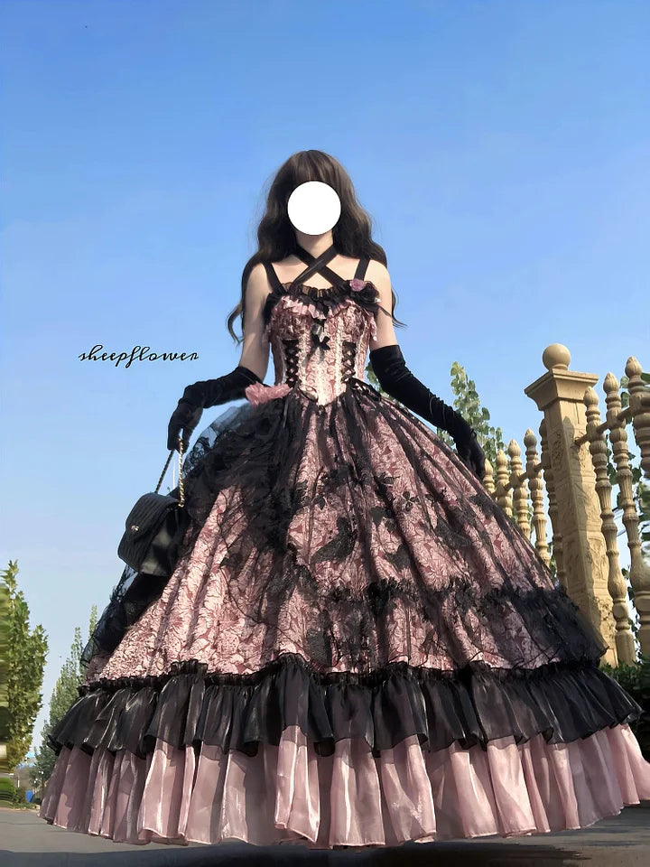 Hime Lolita Blue-pink Rose Exquisite Jacquard Lolita Dress Elegant and Gorgeous Prom Maxi Dress for Women Graduation Ceremony