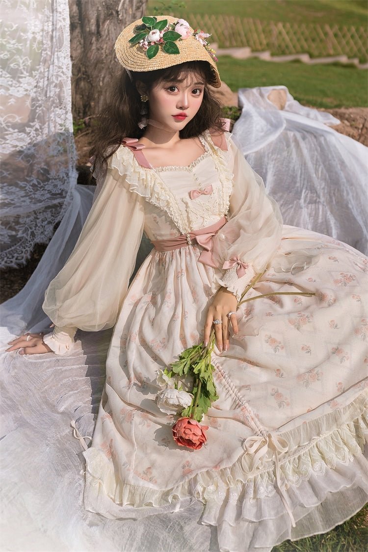 Hime Lolita Elegant Lolita Long Sleeve OP Floral Lace Dress Graduation Ceremony