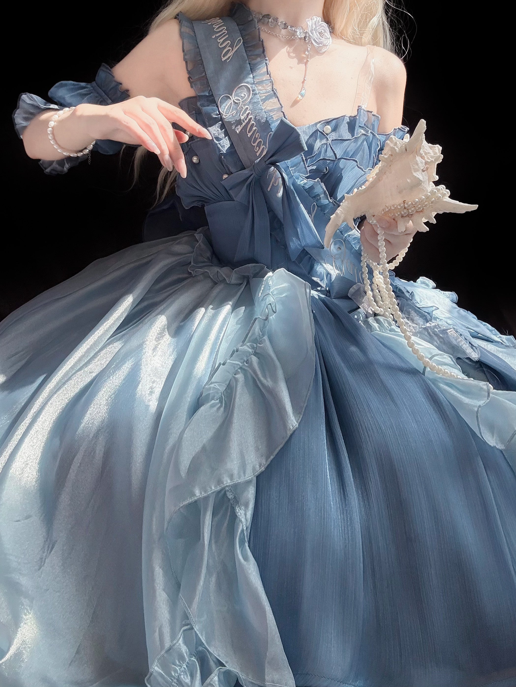 Hime Lolita Ethereal Blue Ruffled Off - Shoulder Sweet Lolita Dress with Bow Accents Lolita Dress