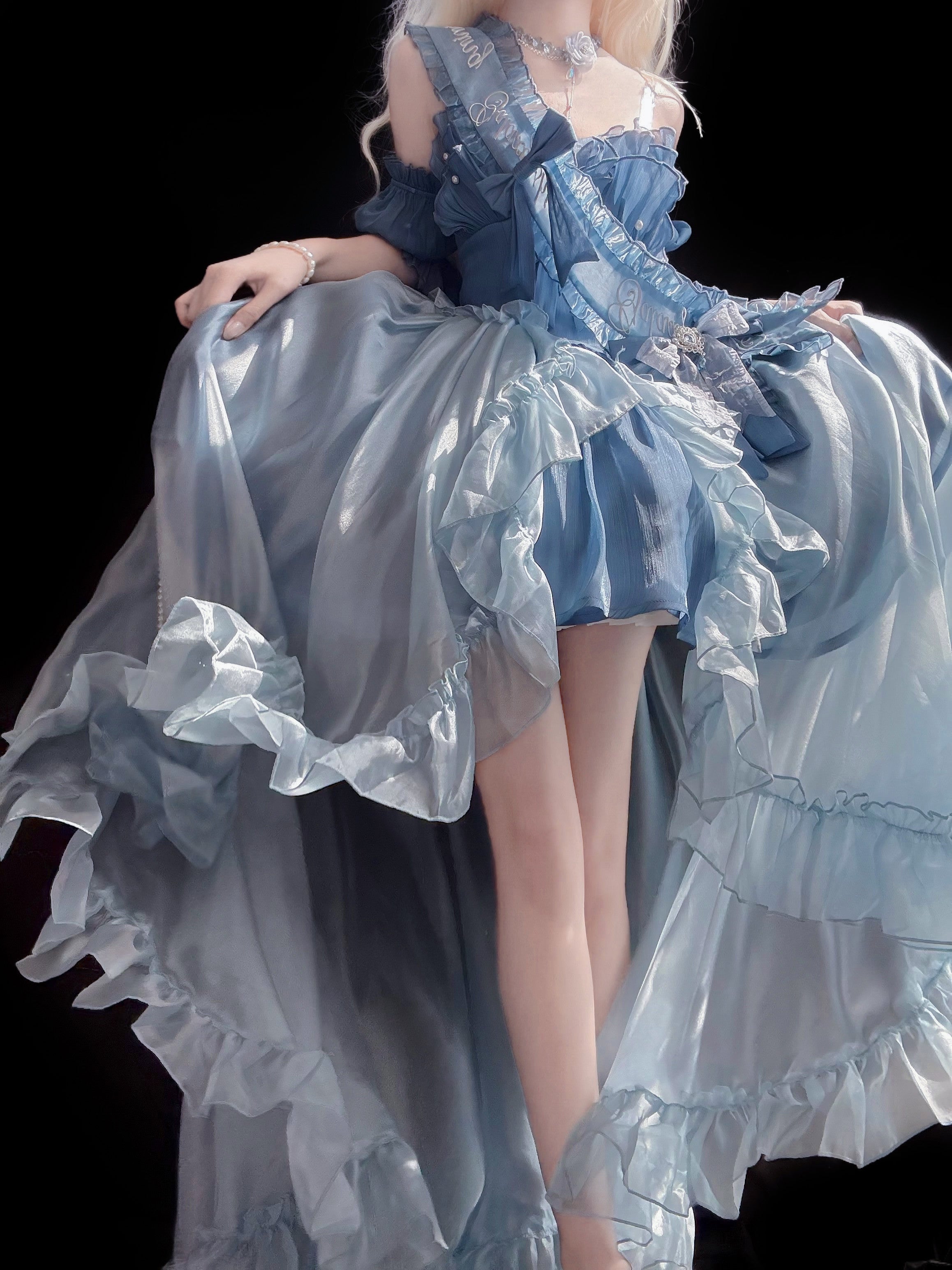 Hime Lolita Ethereal Blue Ruffled Off - Shoulder Sweet Lolita Dress with Bow Accents Lolita Dress