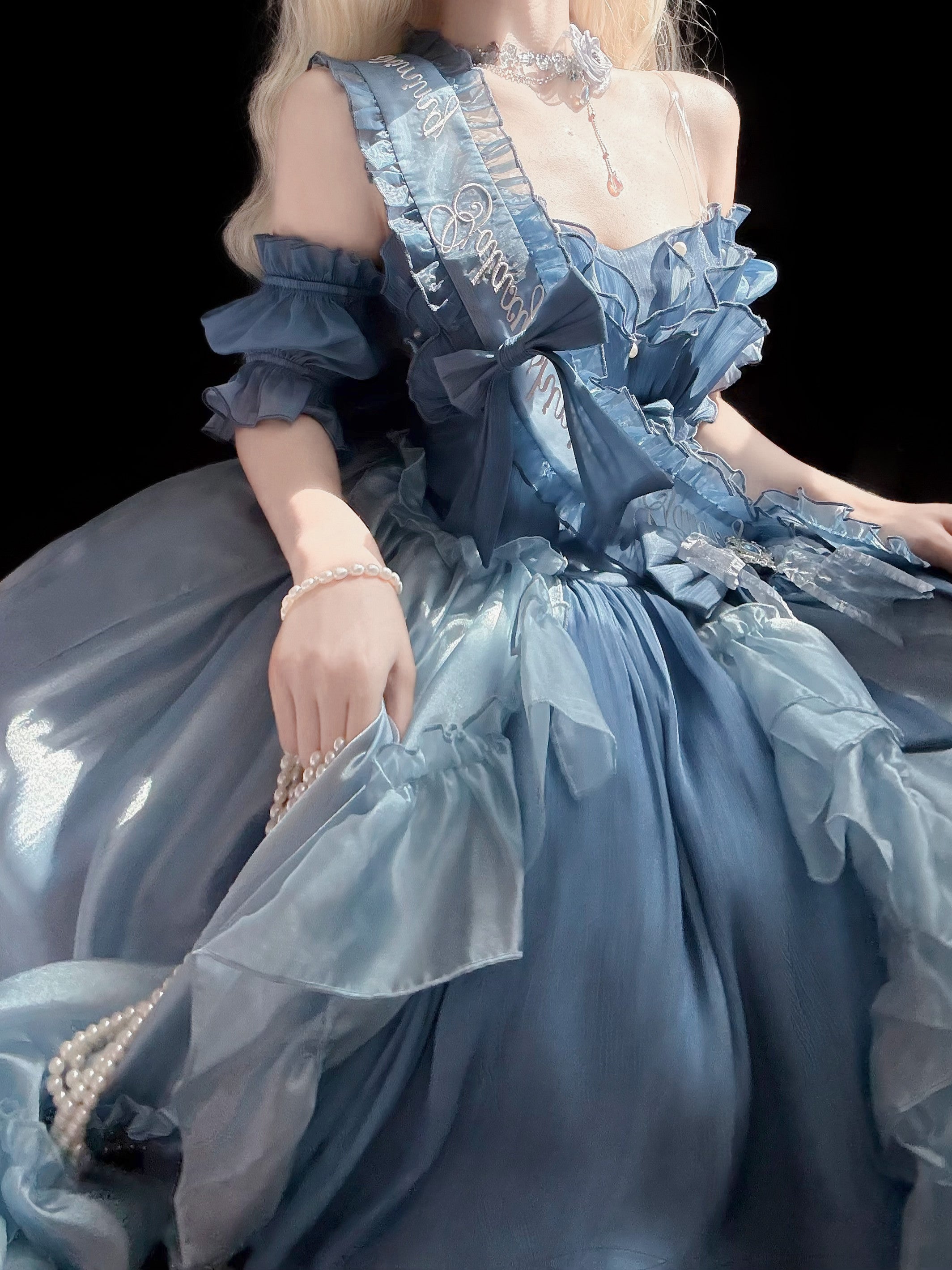 Hime Lolita Ethereal Blue Ruffled Off - Shoulder Sweet Lolita Dress with Bow Accents Lolita Dress