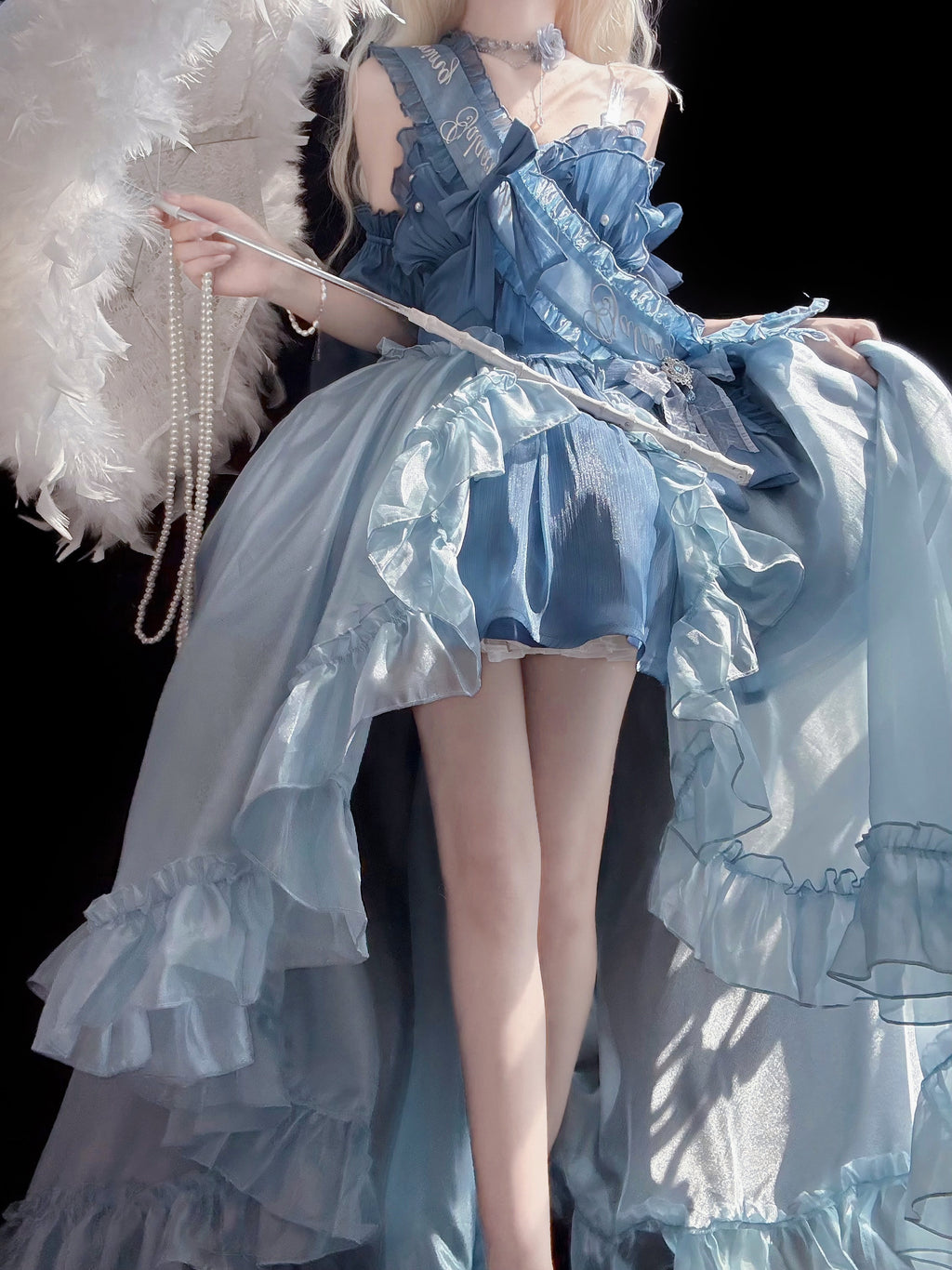 Hime Lolita Ethereal Blue Ruffled Off - Shoulder Sweet Lolita Dress with Bow Accents Lolita Dress